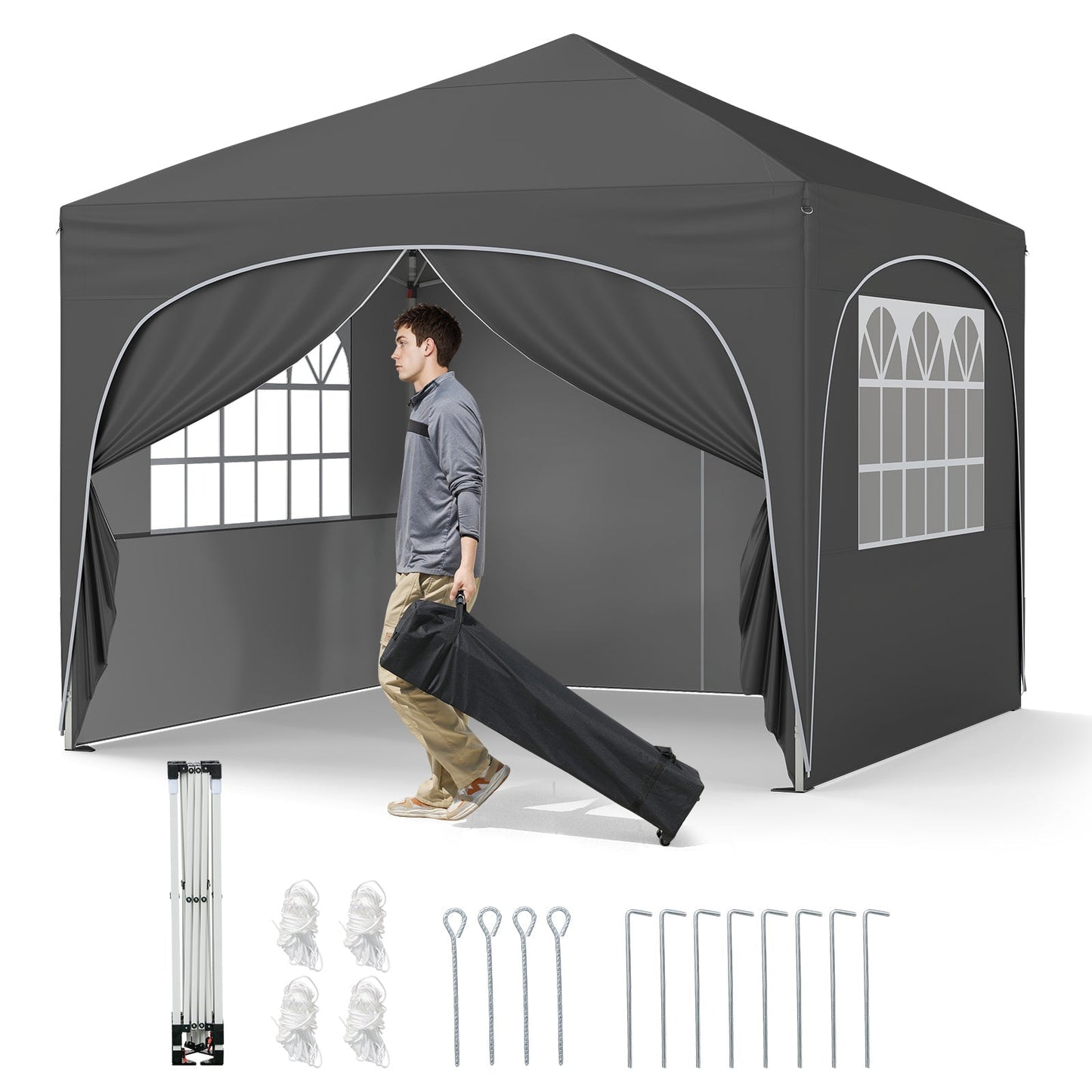 GemGear 10 x 10 ft pop up canopy tent in dark gray with 4 removable sidewalls on Tampa Home & Garden Store