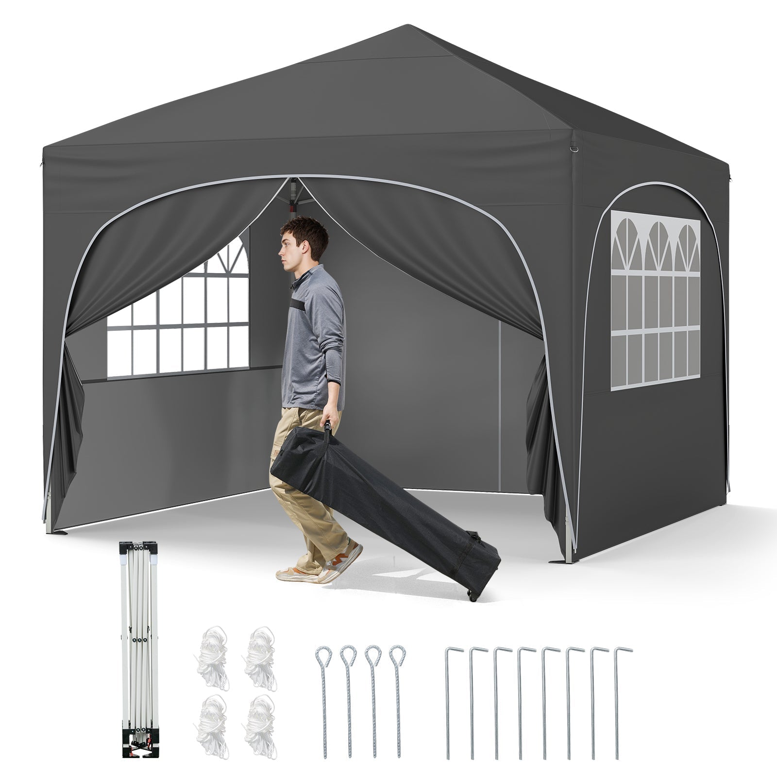 GemGear 10 x 10 ft pop up canopy tent in dark gray with 4 removable sidewalls on Tampa Home & Garden Store
