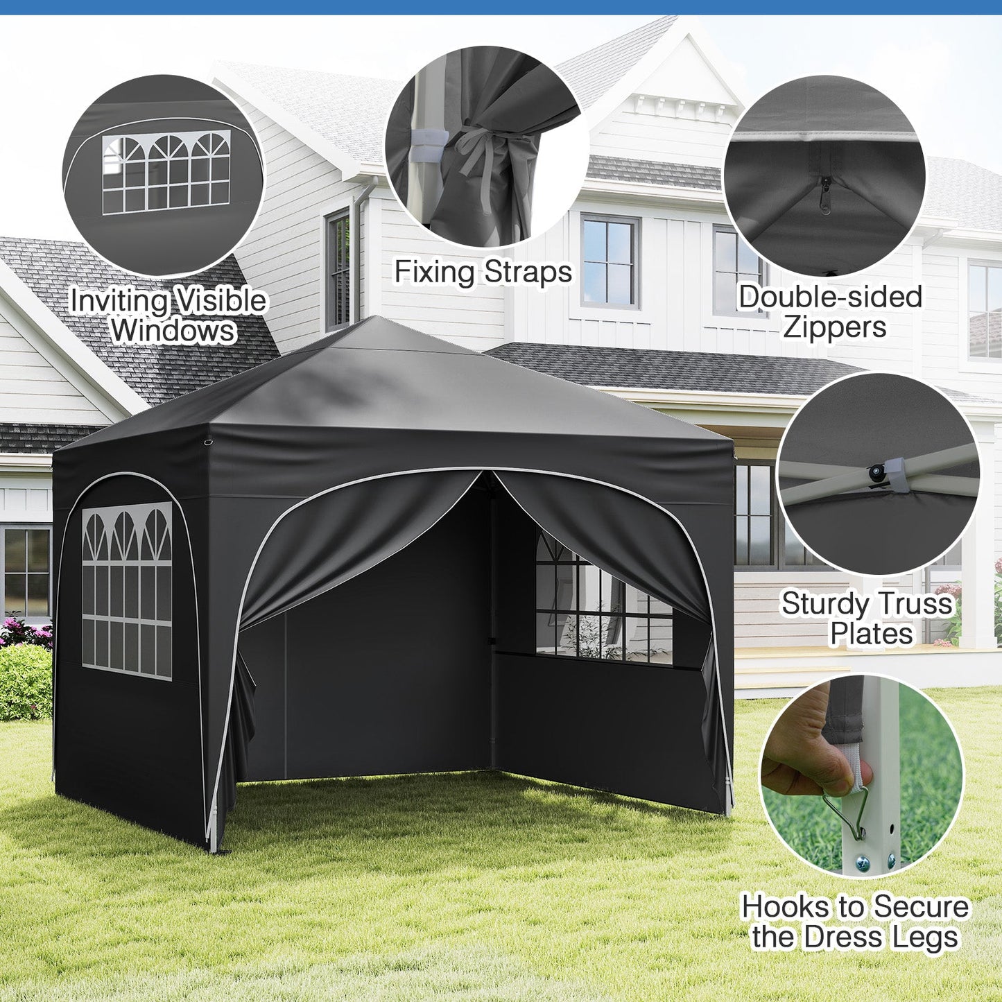 10 X 10 FT Pop up Canopy Tent with 4 Removable Sidewall-Gray