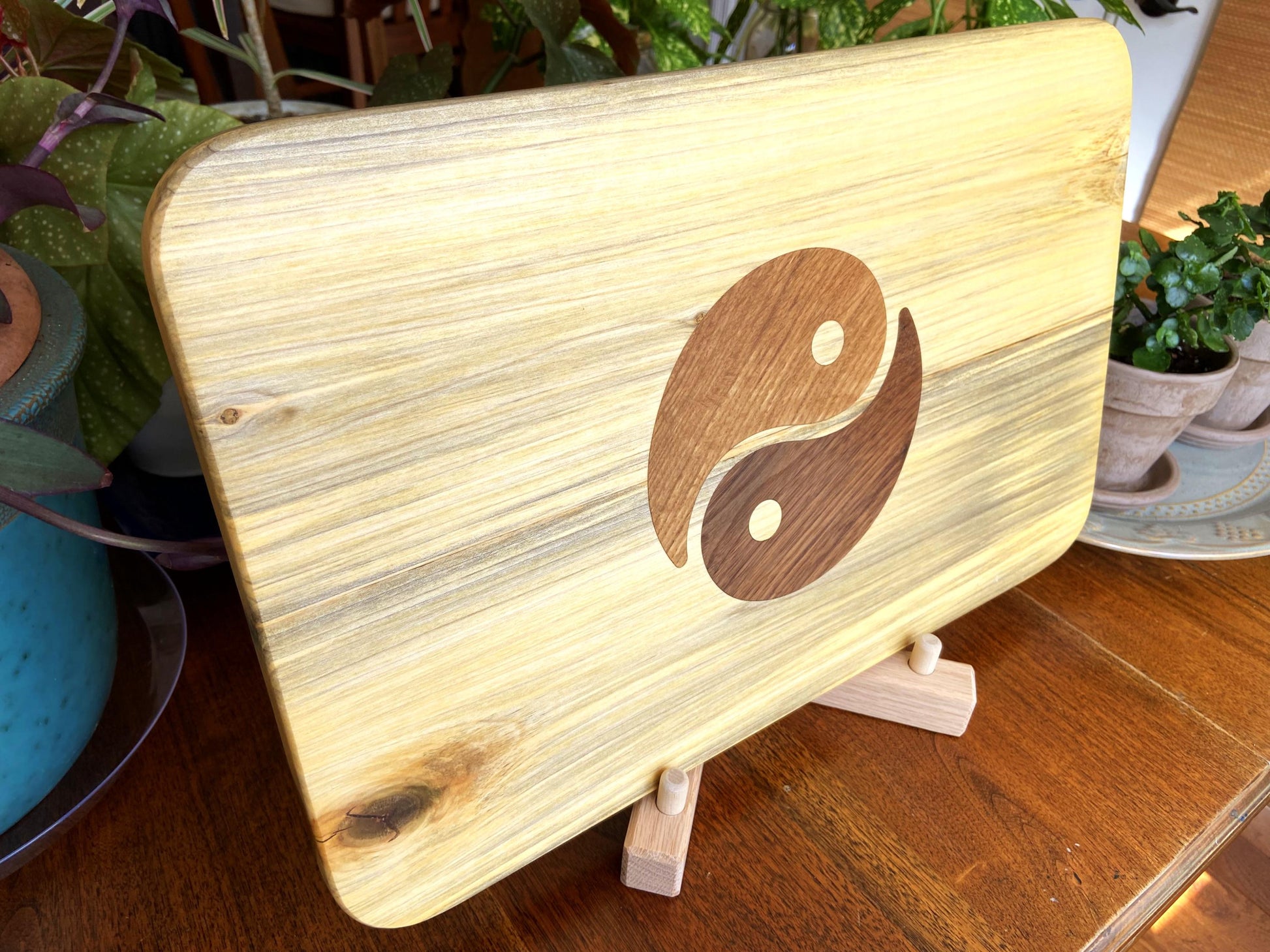 Poplar charcuterie board with Yin Yang inlay made from White Oak and Peruvian Walnut. - Tampa Home & Garden Store