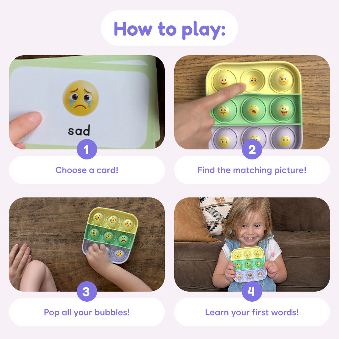 Educational toy Popplers by The Fidget Games; pastel emoji tray with four sections and play steps on Tampa Home & Garden Store