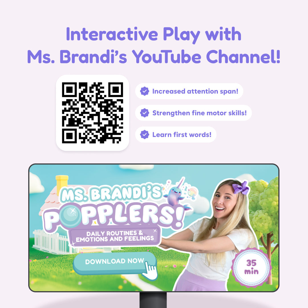 Popplers educational toy by The Fidget Games showcasing a QR code, three benefit badges, and a monitor promo on Tampa Home & Garden Store