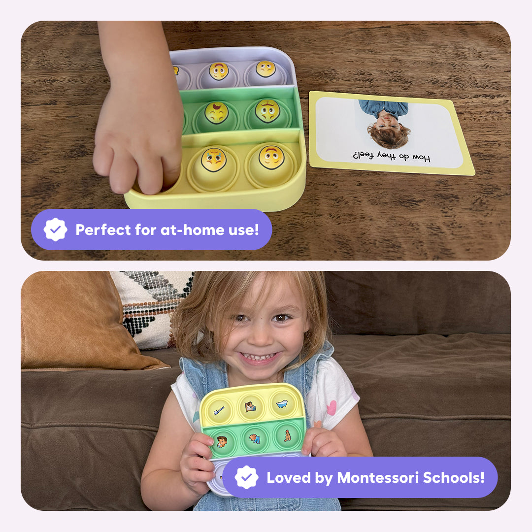 Popplers educational toy by The Fidget Games; tier tray with emoji discs and a feel card on Tampa Home & Garden Store

Child happily holds Popplers from The Fidget Games; yellow tray with emoji discs on couch on Tampa Home & Garden Store