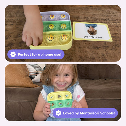 Popplers educational toy by The Fidget Games; tier tray with emoji discs and a feel card on Tampa Home & Garden Store

Child happily holds Popplers from The Fidget Games; yellow tray with emoji discs on couch on Tampa Home & Garden Store