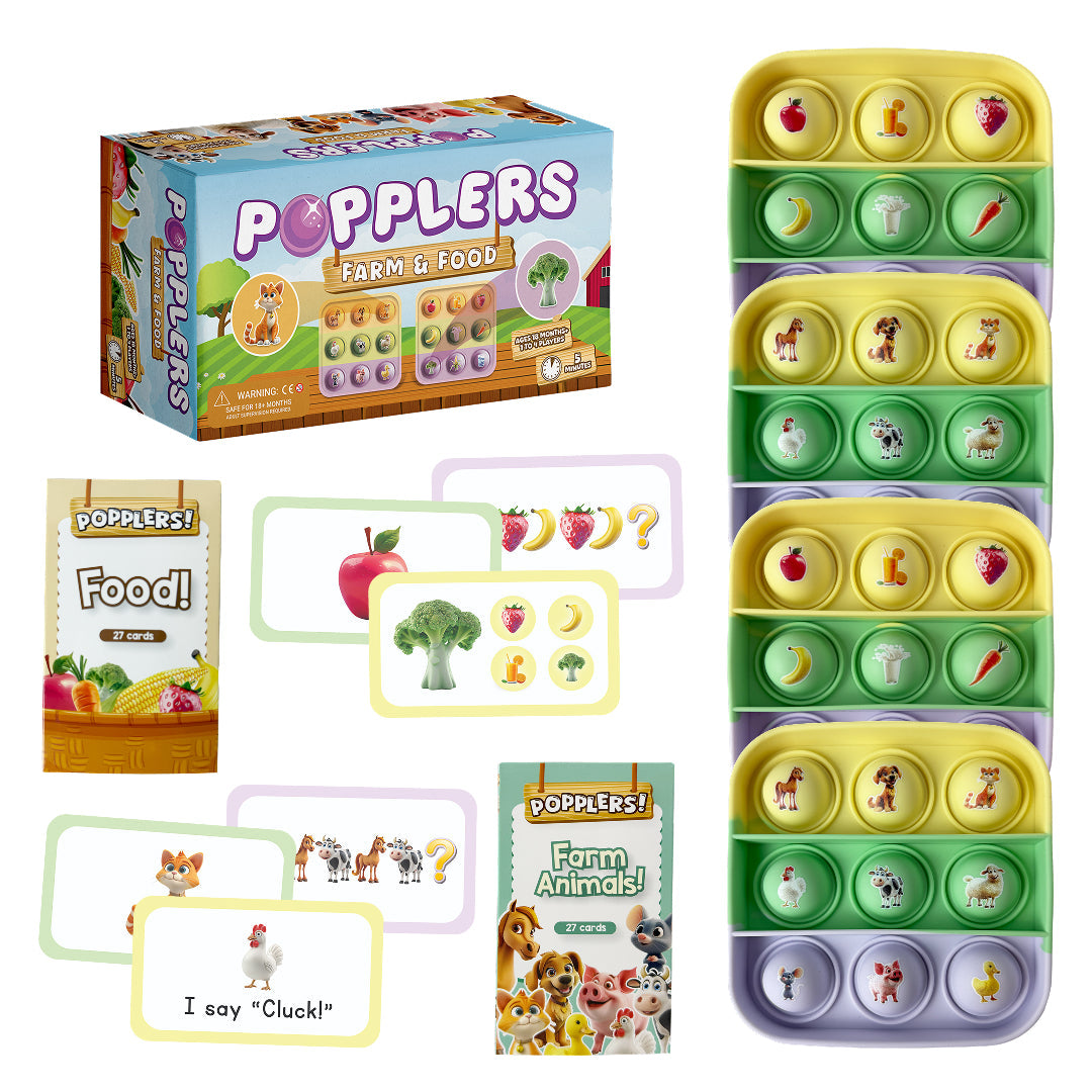 Popplers Farm & Food educational toy by The Fidget Games with fruit tokens on stacked trays on Tampa Home & Garden Store
