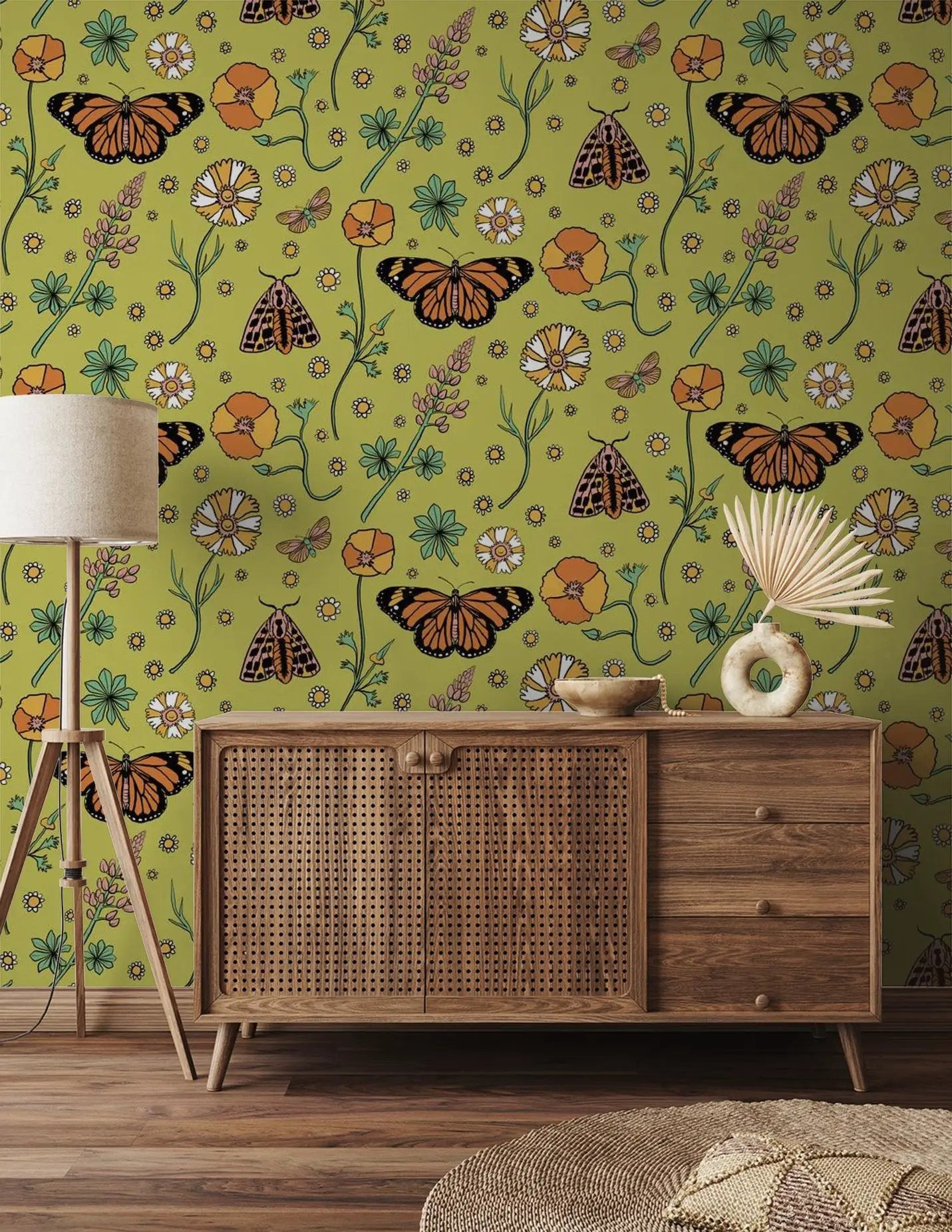 Poppy Please Wallpaper, chartreuse & black - Tampa Home & Garden Store