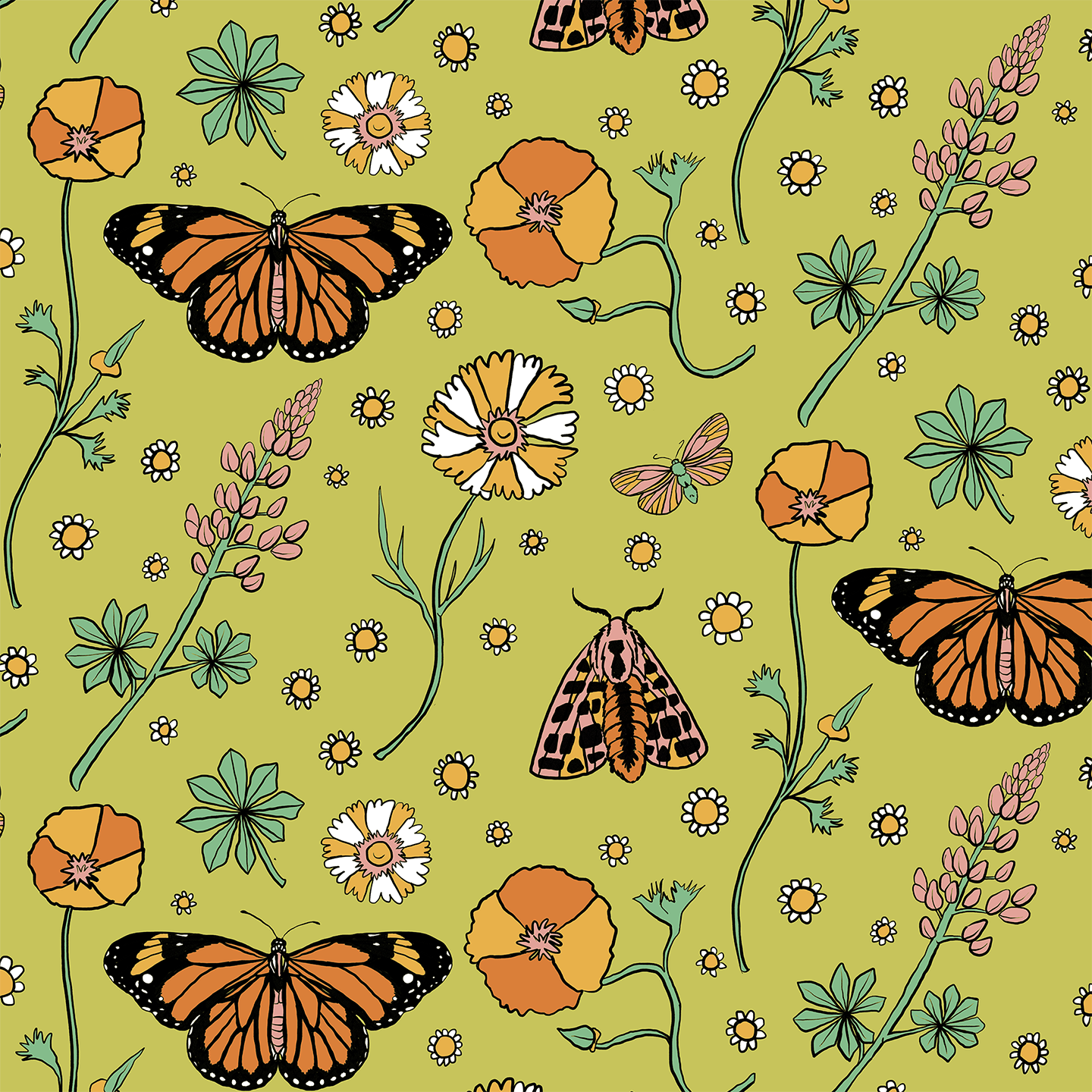 Poppy Please Wallpaper, chartreuse & black - Tampa Home & Garden Store