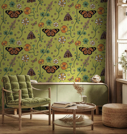 Poppy Please Wallpaper, chartreuse & black - Tampa Home & Garden Store