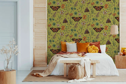 Poppy Please Wallpaper, chartreuse & black - Tampa Home & Garden Store