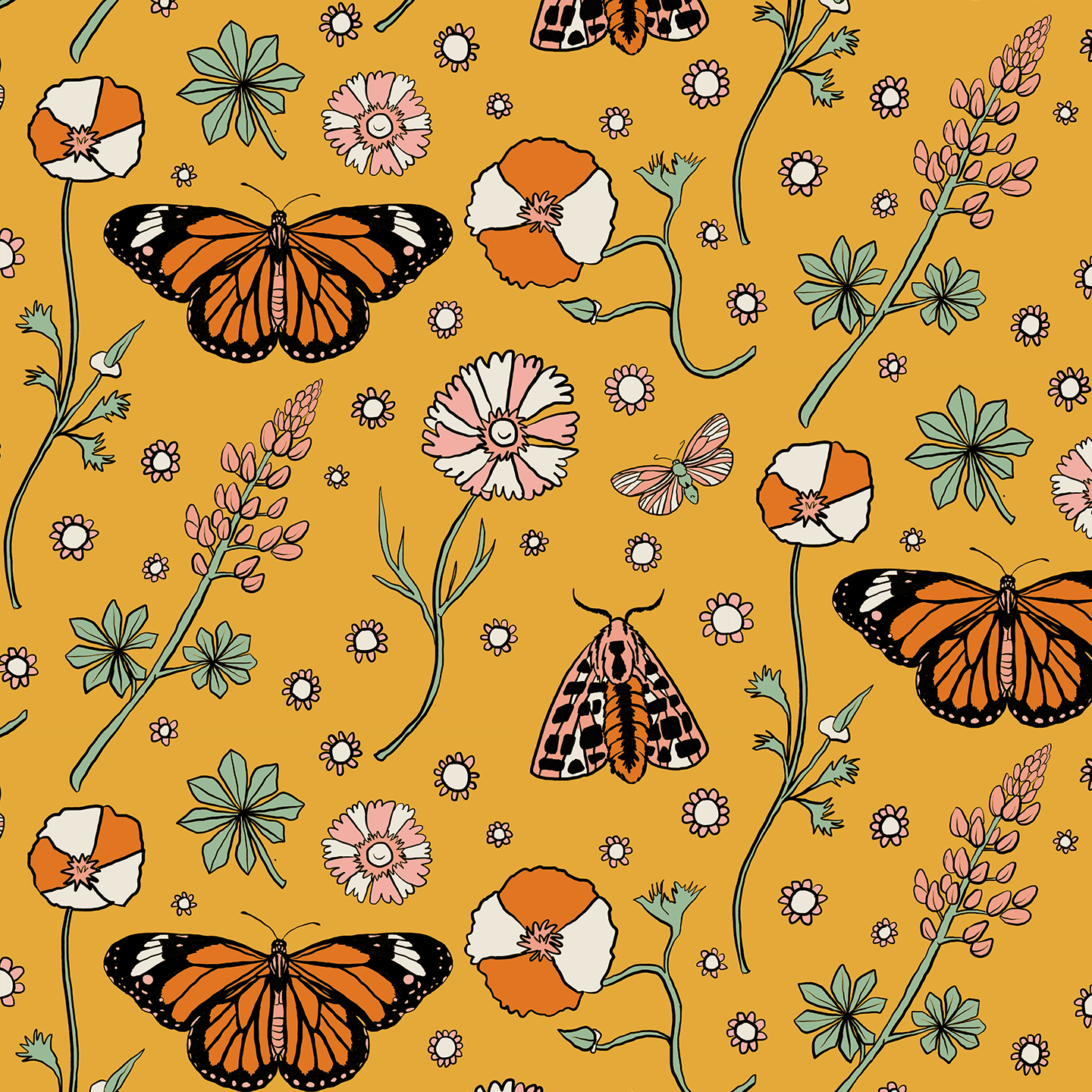 Poppy Please Wallpaper, mustard and black - Tampa Home & Garden Store