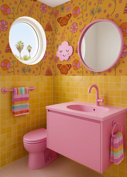 Poppy Please Wallpaper, mustard and pink - Tampa Home & Garden Store