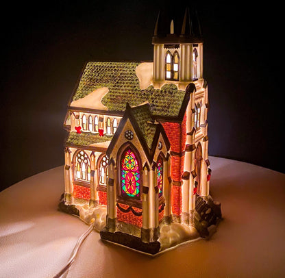 Porcelain Christmas Village Cathedral. Large Illuminated House of Worship by Grandeur Noel Collector's Edition. Home Retail Holiday Decor. - Tampa Home & Garden Store