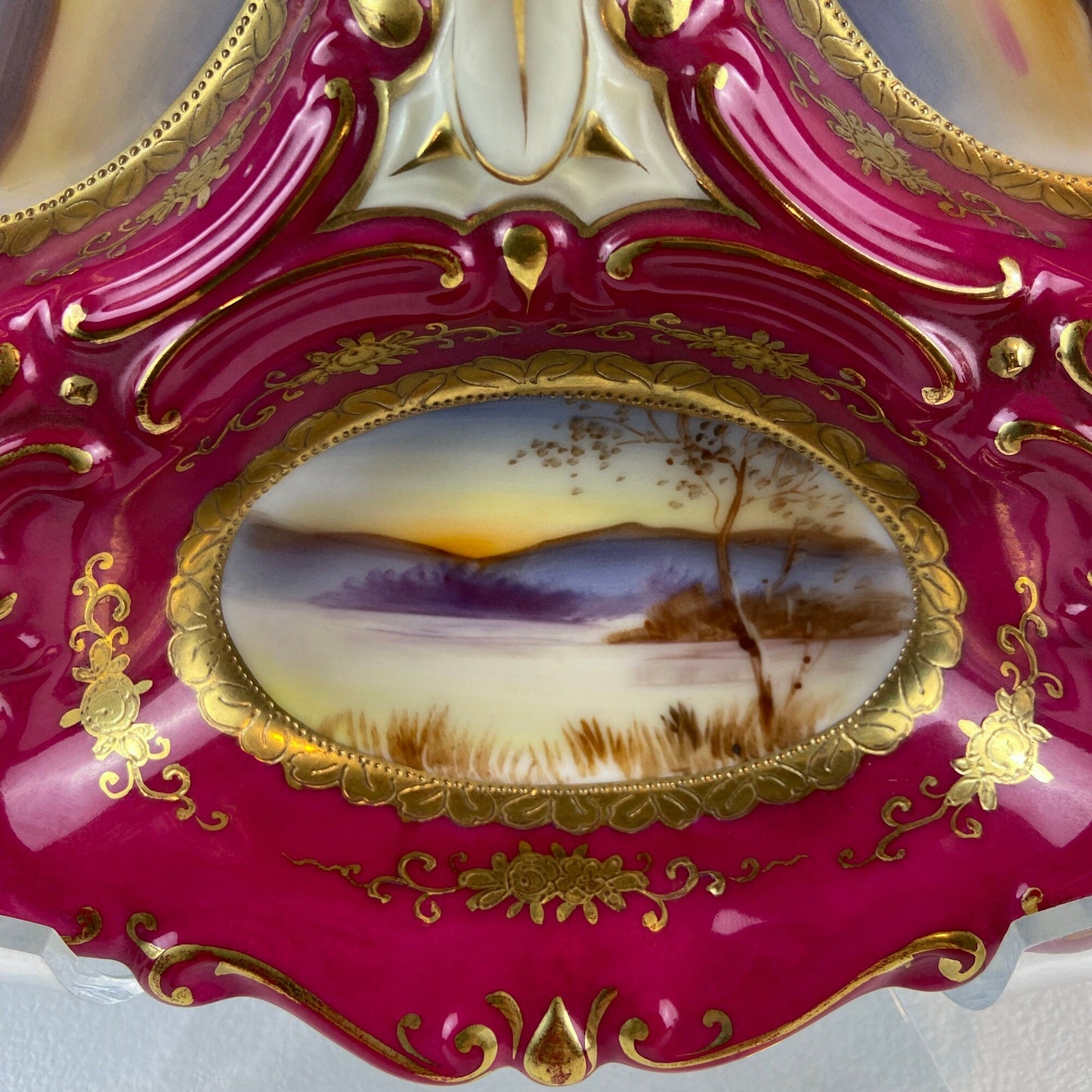 Porcelain Divided Bowl with Handle, Decorated with Three Different Hand Painted Landscapes. Antique Rare Collectible Art Dish. - Tampa Home & Garden Store