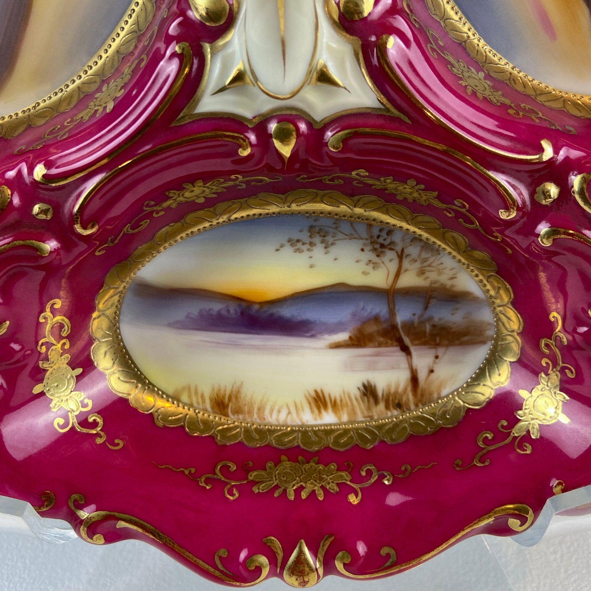 Porcelain Divided Bowl with Handle, Decorated with Three Different Hand Painted Landscapes. Antique Rare Collectible Art Dish. - Tampa Home & Garden Store