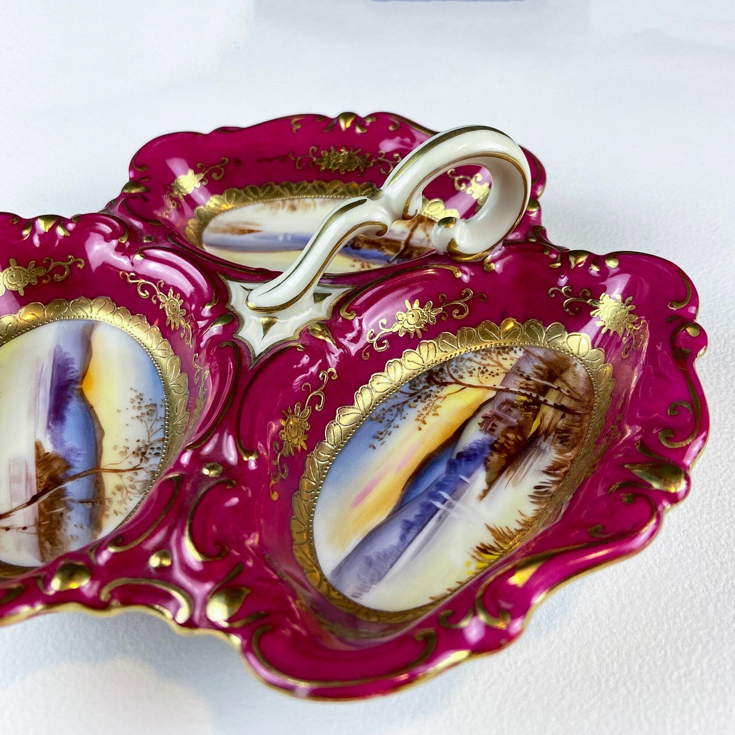 Porcelain Divided Bowl with Handle, Decorated with Three Different Hand Painted Landscapes. Antique Rare Collectible Art Dish. - Tampa Home & Garden Store
