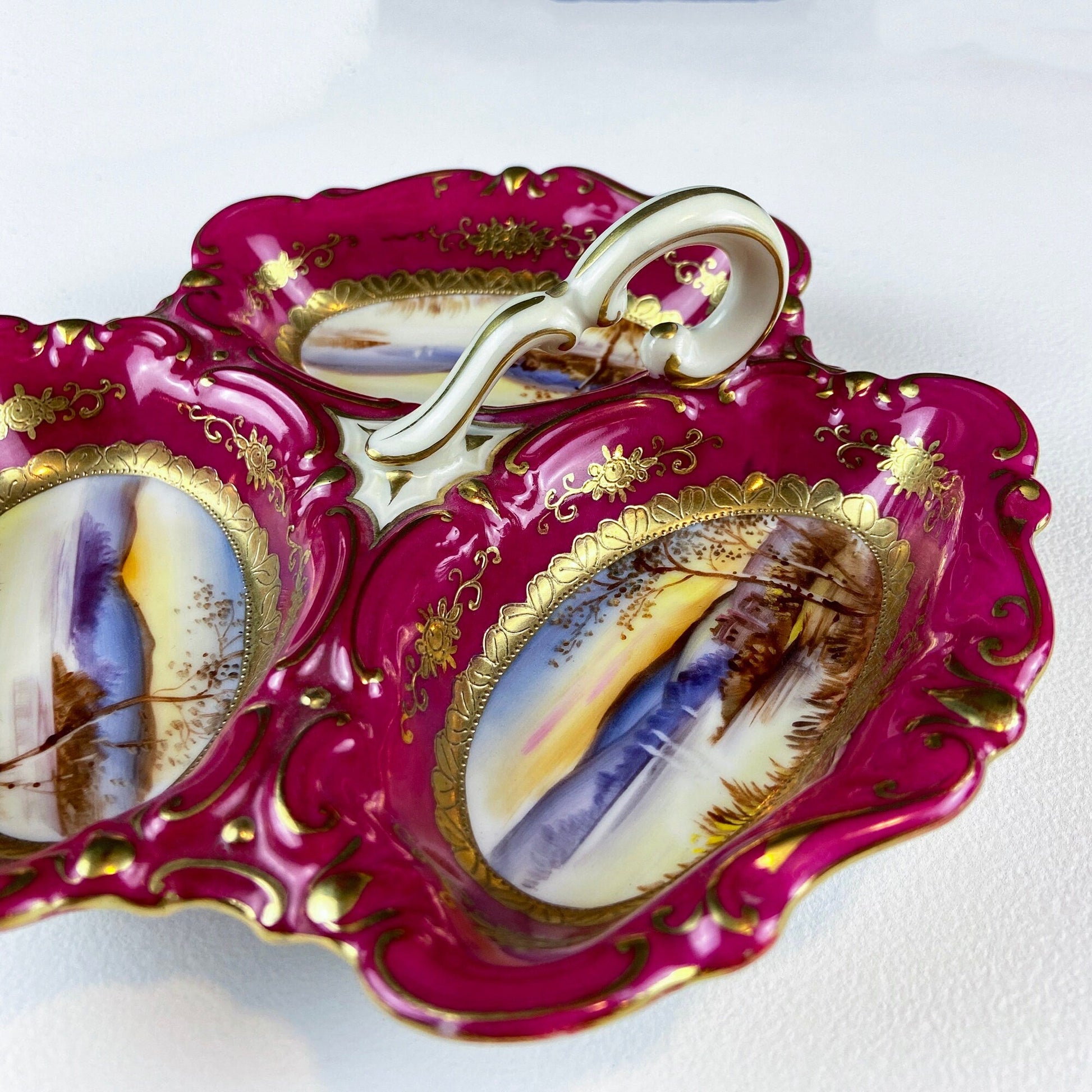 Porcelain Divided Bowl with Handle, Decorated with Three Different Hand Painted Landscapes. Antique Rare Collectible Art Dish. - Tampa Home & Garden Store
