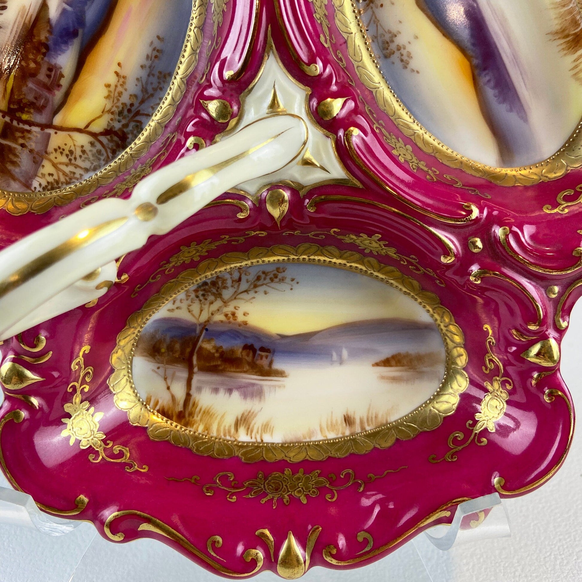 Porcelain Divided Bowl with Handle, Decorated with Three Different Hand Painted Landscapes. Antique Rare Collectible Art Dish. - Tampa Home & Garden Store