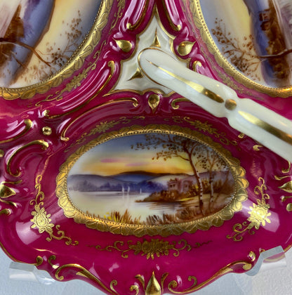 Porcelain Divided Bowl with Handle, Decorated with Three Different Hand Painted Landscapes. Antique Rare Collectible Art Dish. - Tampa Home & Garden Store