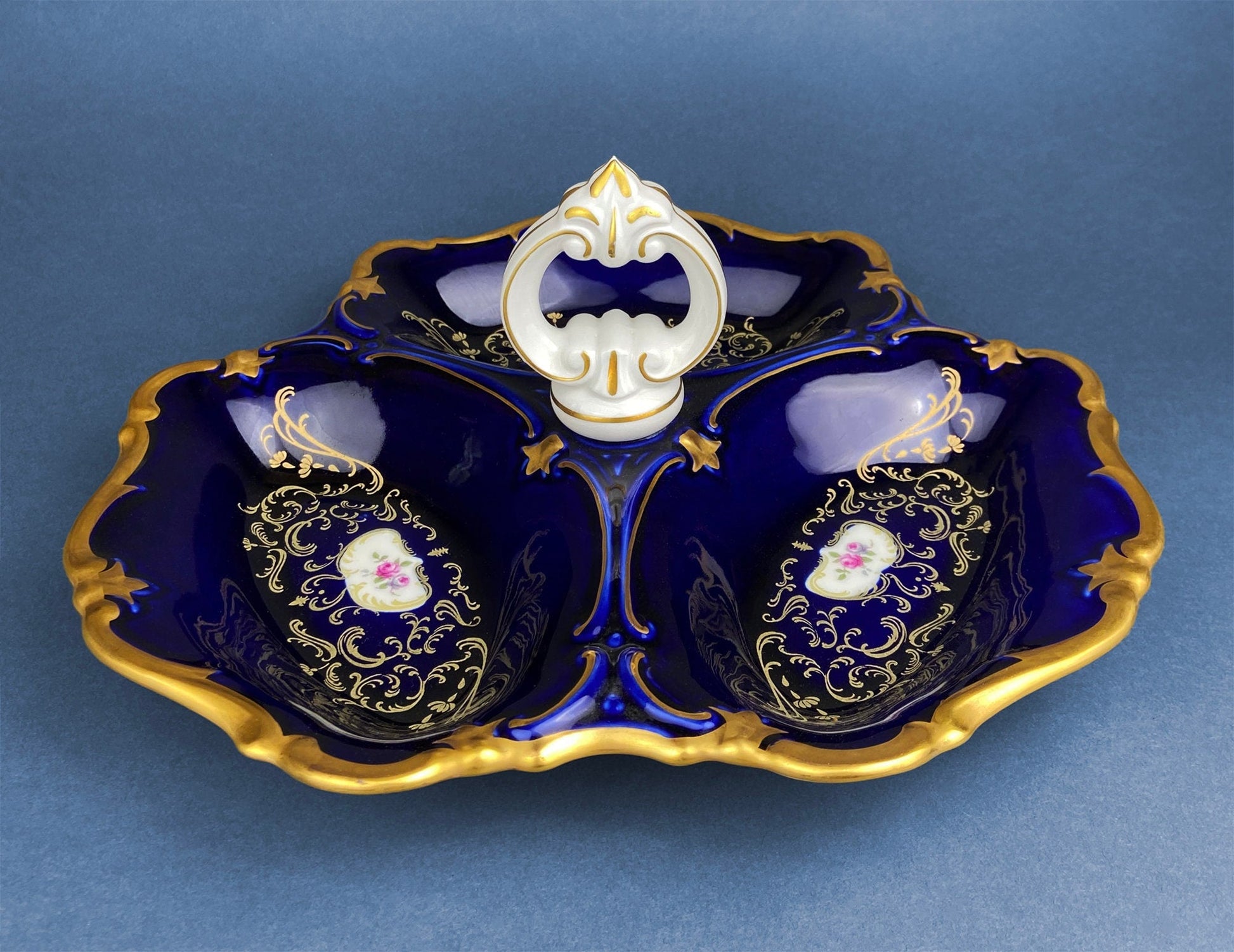 Porcelain Divided Bowl with Handle, Decorated with Three Different Hand Painted Landscapes. Antique Rare Collectible Art Dish. - Tampa Home & Garden Store