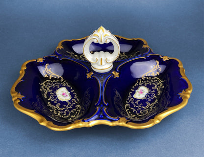 Porcelain Divided Bowl with Handle, Decorated with Three Different Hand Painted Landscapes. Antique Rare Collectible Art Dish. - Tampa Home & Garden Store