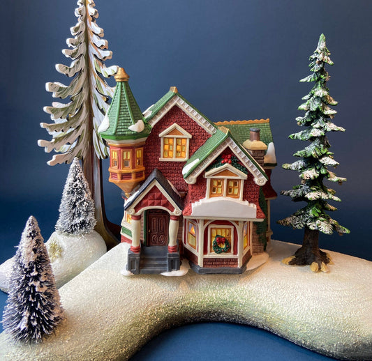 Porcelain Illuminated Red Victorian with Green Roof. Christmas Village Porcelain Building. Enchanted Holiday Decor. Home or Retail Display. - Tampa Home & Garden Store
