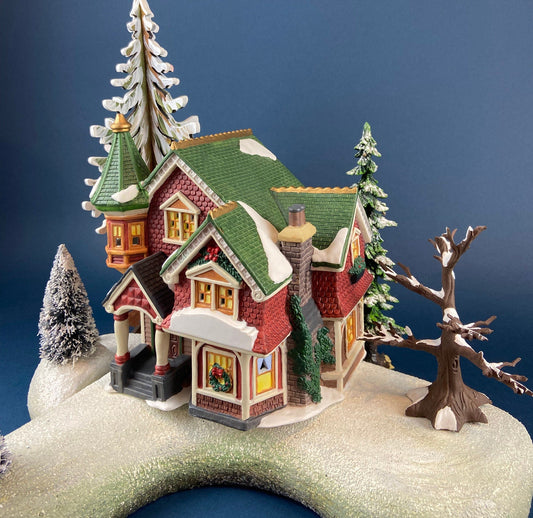 Porcelain Illuminated Red Victorian with Green Roof. Christmas Village Porcelain Building. Enchanted Holiday Decor. Home or Retail Display. - Tampa Home & Garden Store