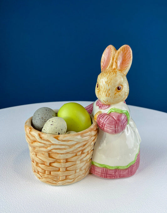 Porcelain Mom Bunny Figurine. Hand-Painted Girl Rabbit Wearing Apron and Carrying Basket. Vintage Easter Display. Kids Room. - Tampa Home & Garden Store