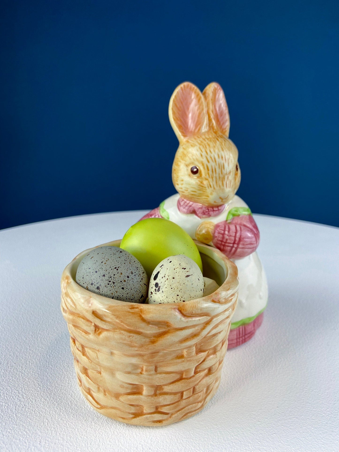 Porcelain Mom Bunny Figurine. Hand-Painted Girl Rabbit Wearing Apron and Carrying Basket. Vintage Easter Display. Kids Room. - Tampa Home & Garden Store