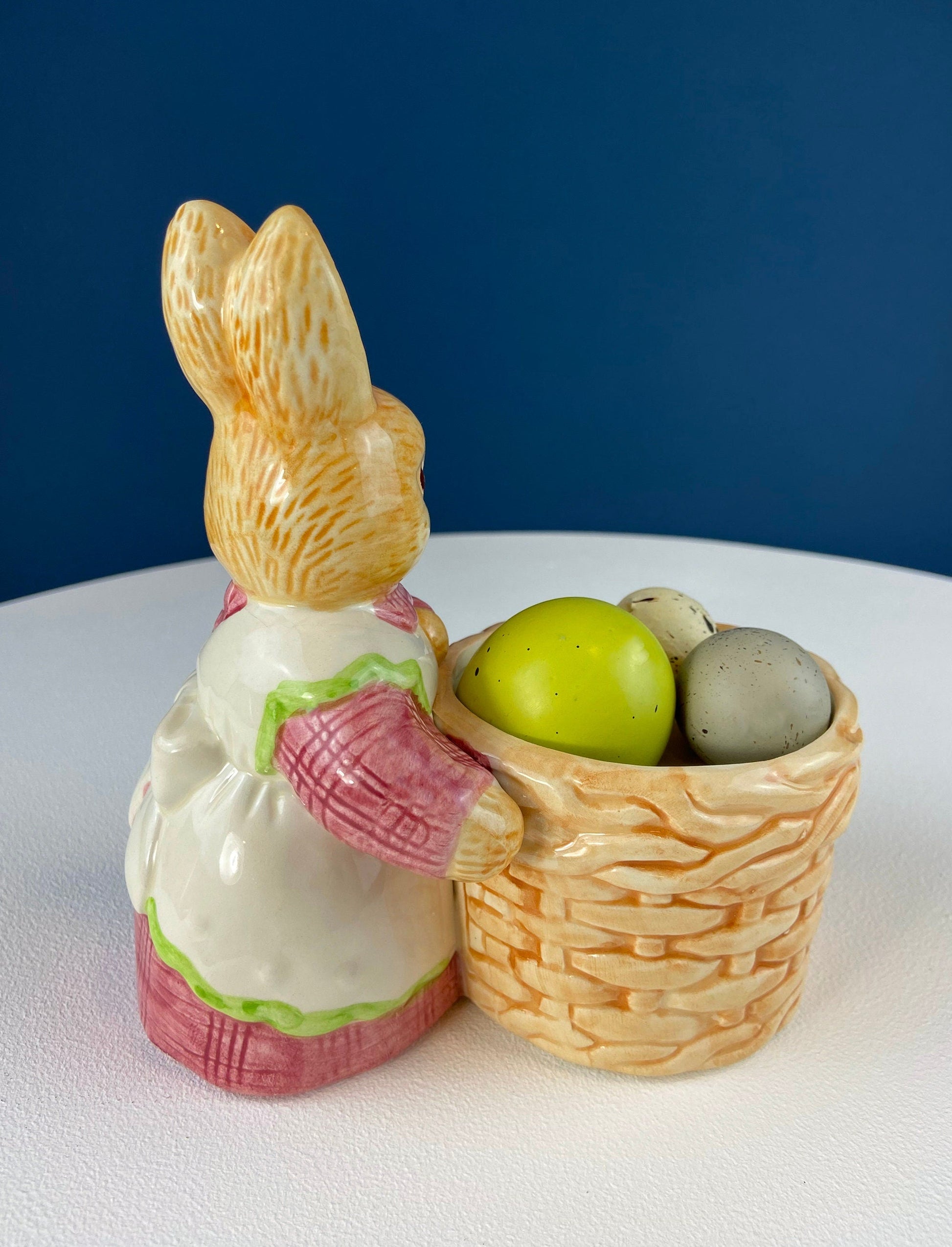 Porcelain Mom Bunny Figurine. Hand-Painted Girl Rabbit Wearing Apron and Carrying Basket. Vintage Easter Display. Kids Room. - Tampa Home & Garden Store