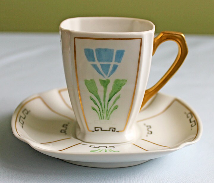 Porcelain Teacup Saucer Demitasse Set.  Square Shape with Rounded Corners. Hand Painted. - Tampa Home & Garden Store