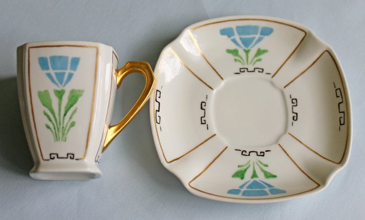 Porcelain Teacup Saucer Demitasse Set.  Square Shape with Rounded Corners. Hand Painted. - Tampa Home & Garden Store