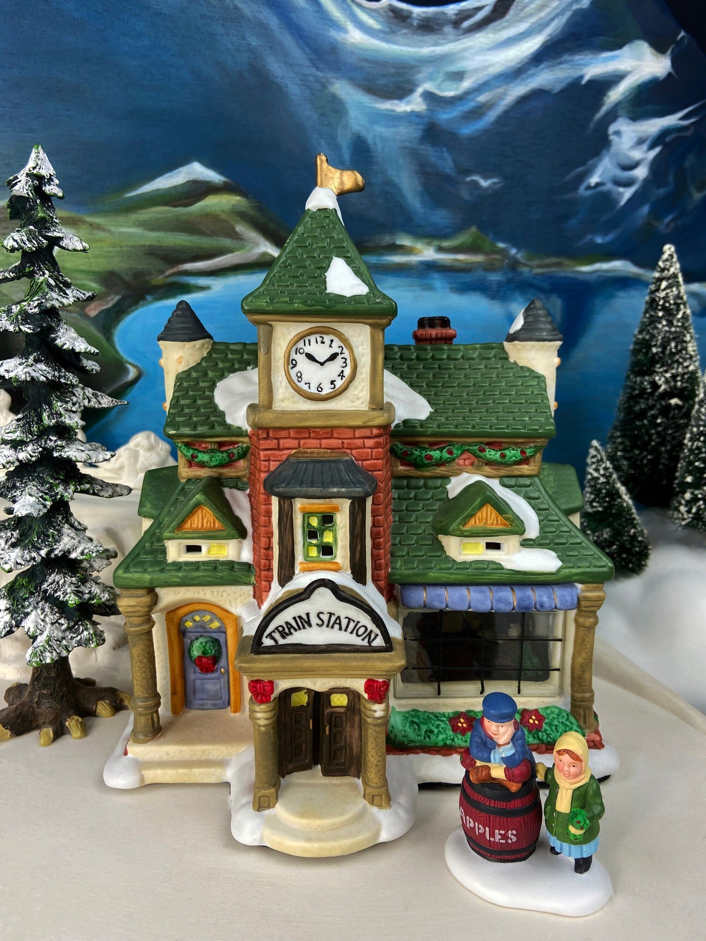 Porcelain Train Station with Clock Tower. Illuminated Christmas Village House. Not Marked by Manufacturer. Holiday Decor. - Tampa Home & Garden Store