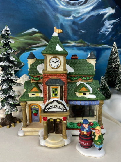 Porcelain Train Station with Clock Tower. Illuminated Christmas Village House. Not Marked by Manufacturer. Holiday Decor. - Tampa Home & Garden Store