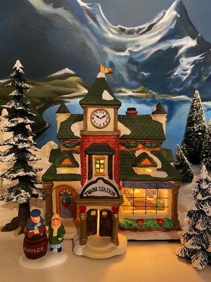Porcelain Train Station with Clock Tower. Illuminated Christmas Village House. Not Marked by Manufacturer. Holiday Decor. - Tampa Home & Garden Store