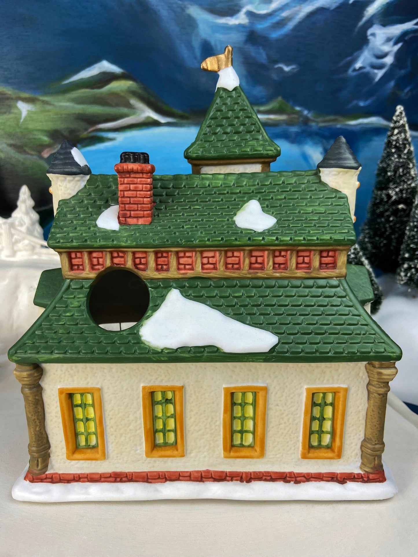 Porcelain Train Station with Clock Tower. Illuminated Christmas Village House. Not Marked by Manufacturer. Holiday Decor. - Tampa Home & Garden Store