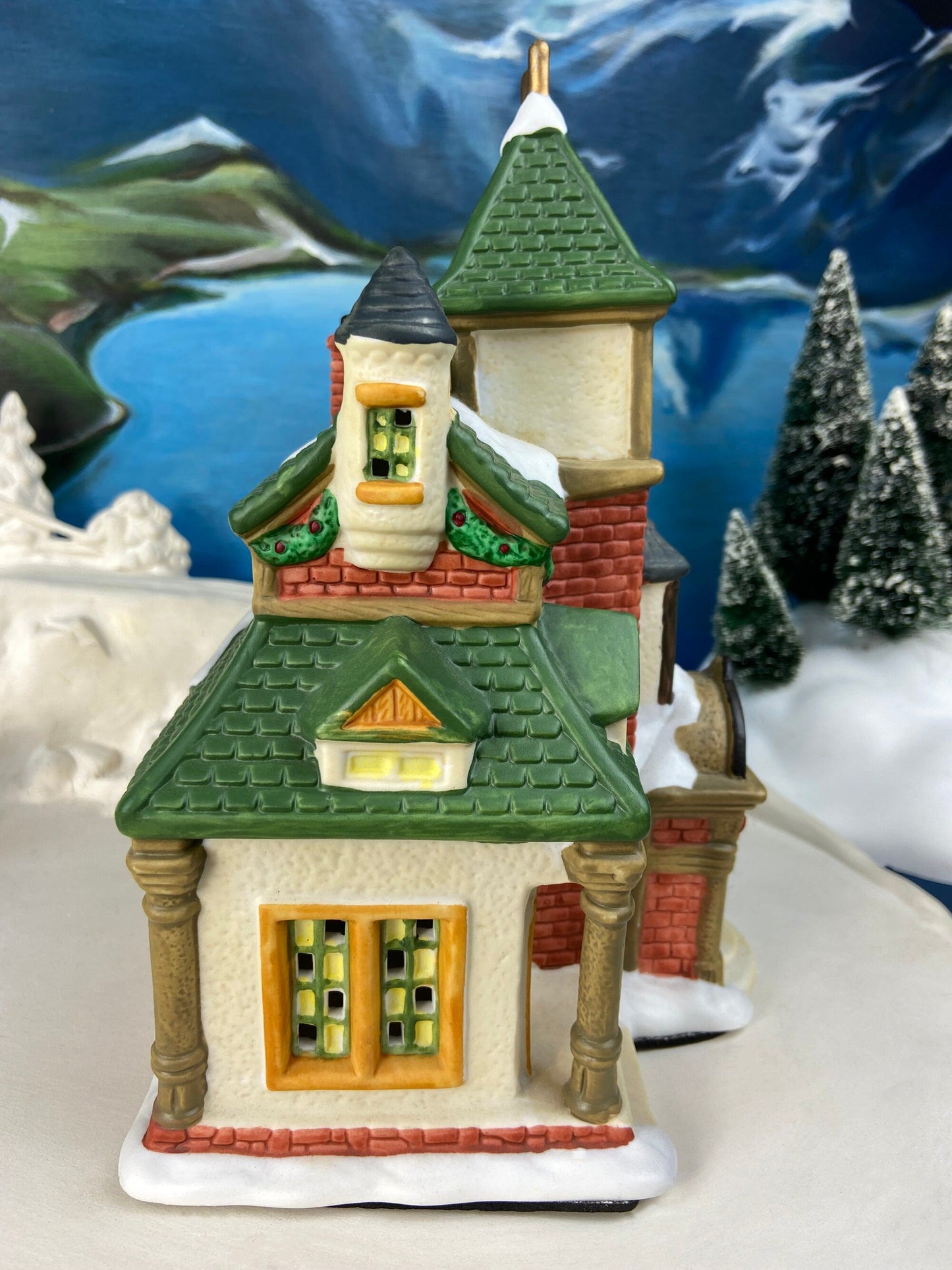 Porcelain Train Station with Clock Tower. Illuminated Christmas Village House. Not Marked by Manufacturer. Holiday Decor. - Tampa Home & Garden Store