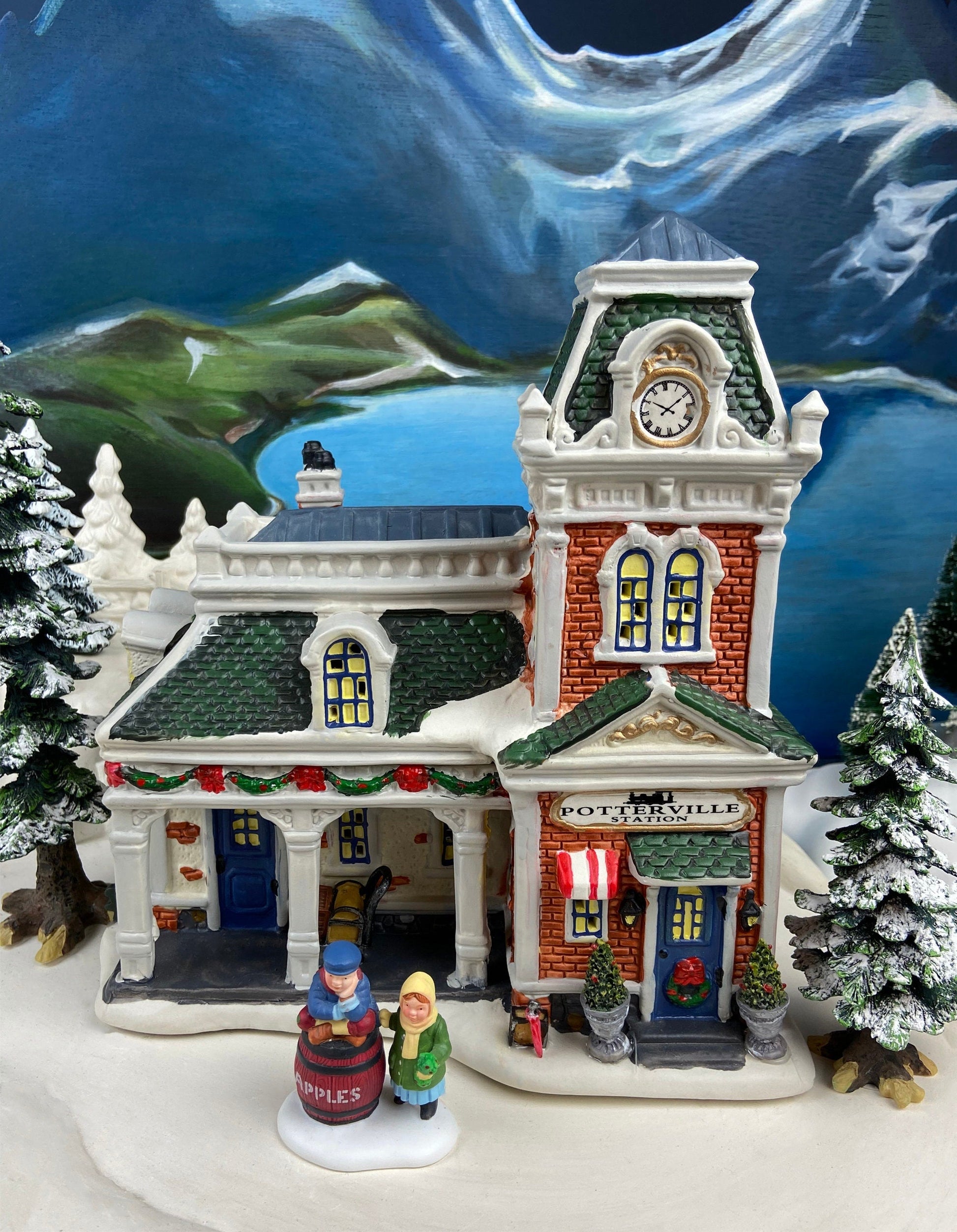 Porcelain Train Station with Clock Tower. Illuminated Christmas Village House. Not Marked by Manufacturer. Holiday Decor. - Tampa Home & Garden Store