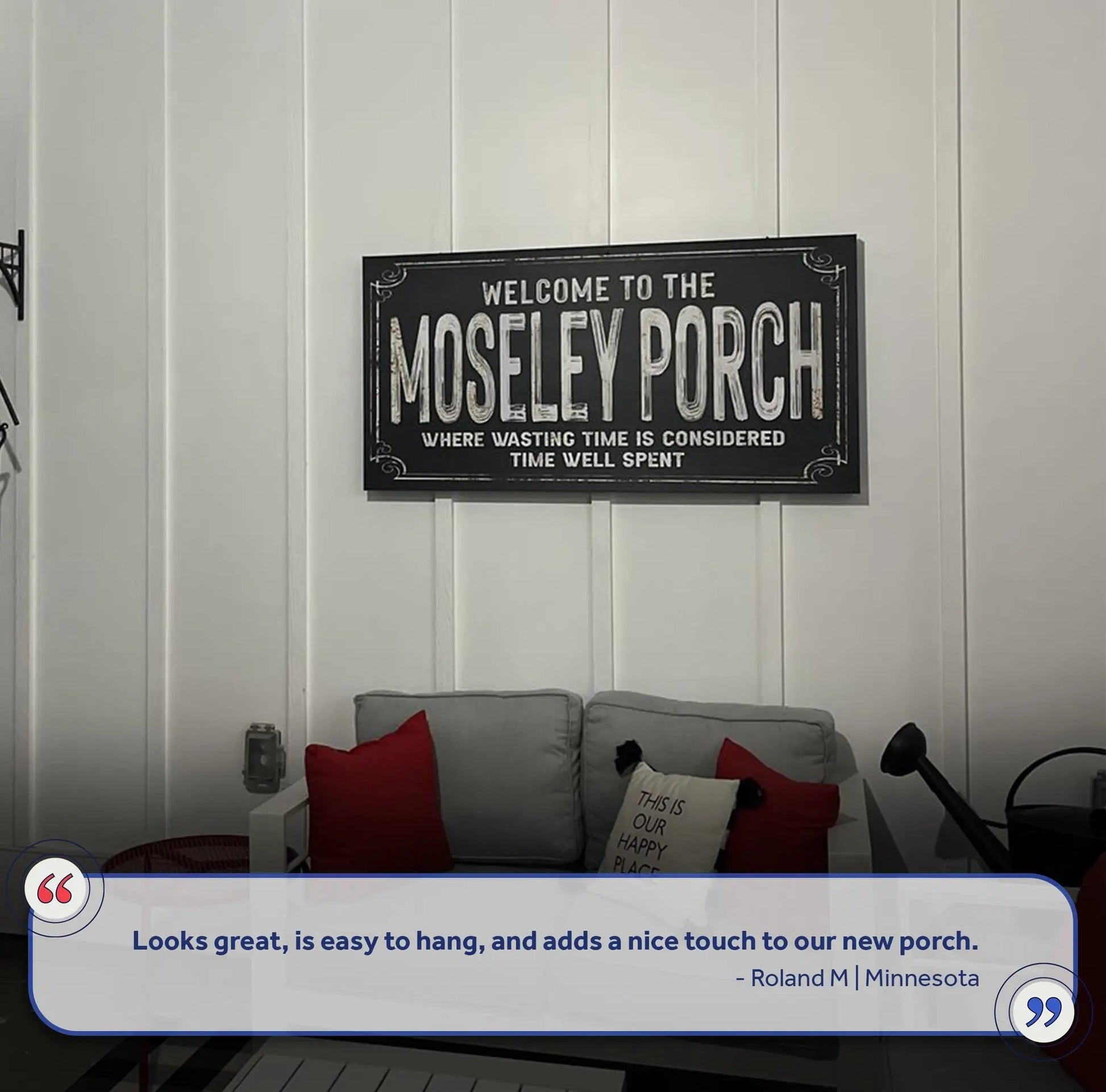 Welcome To The Porch Sign VI canvas by Tailored Canvases, black distressed board on Tampa Home & Garden Store