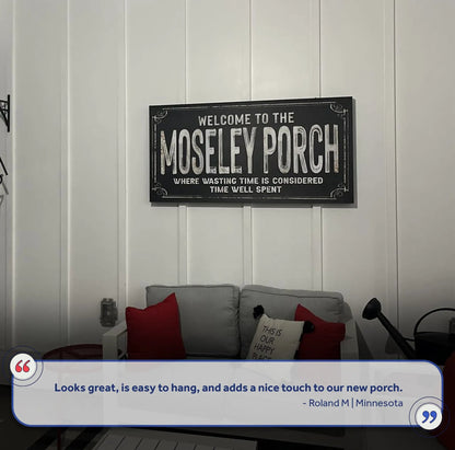 Welcome To The Porch Sign VI canvas by Tailored Canvases, black distressed board on Tampa Home & Garden Store
