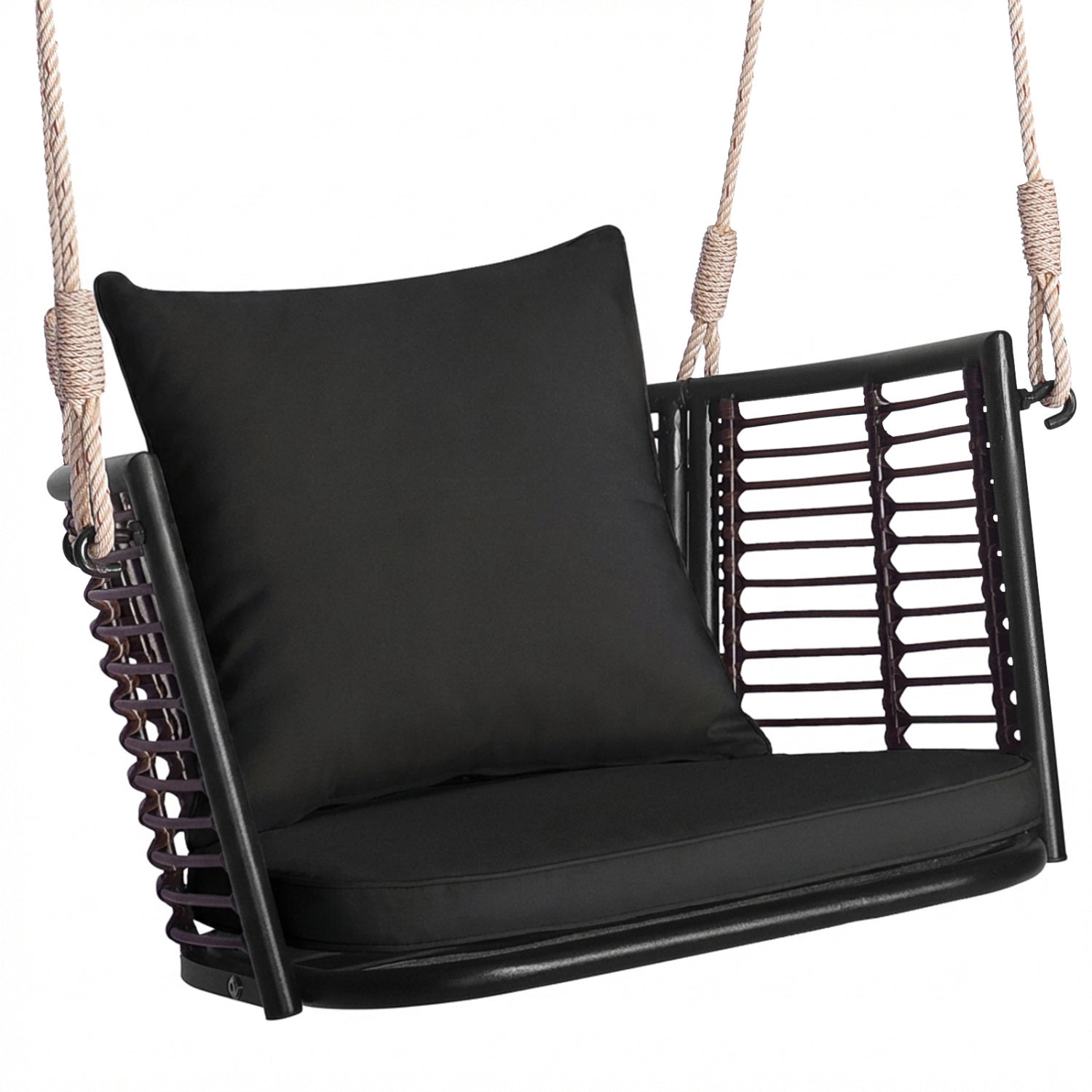 DirectDeals hanging porch swing chair with black cushions and beige rope suspension on Tampa Home & Garden Store