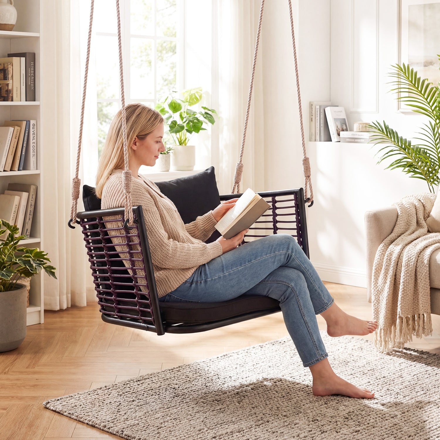 Hanging Rattan Porch Swing Chair with Cushions in dark brown DirectDeals indoor seating on Tampa Home & Garden Store