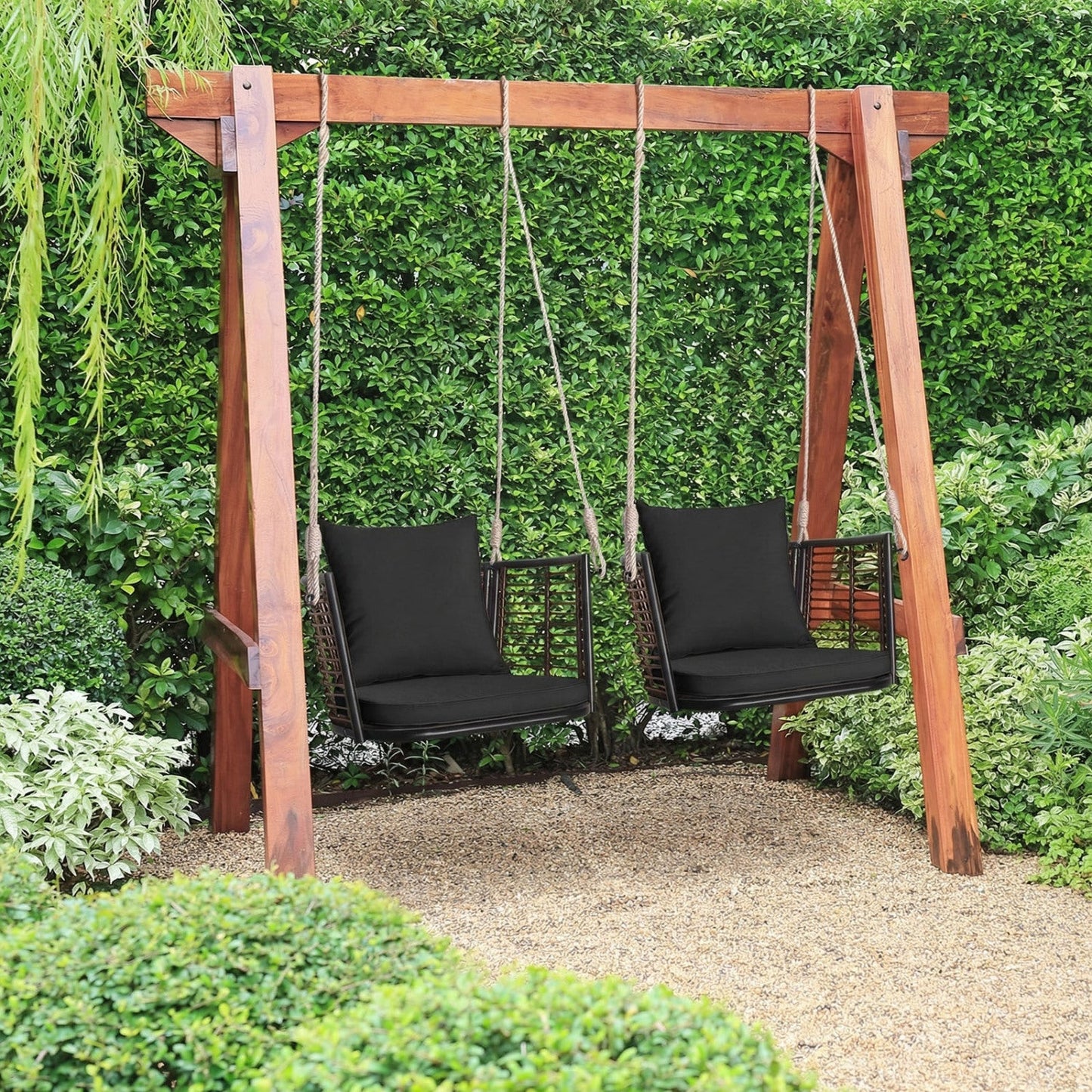 Hanging Rattan Porch Swing Chair Cushions two-seat frame black DirectDeals Garden on Tampa Home & Garden Store
