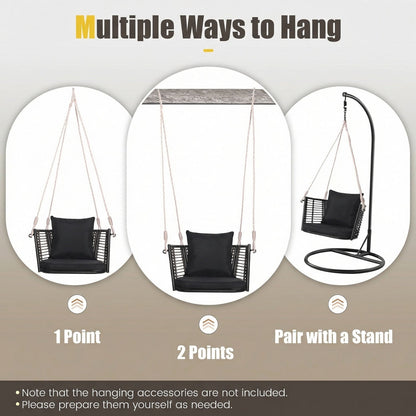 Hanging rattan porch swing chair with cushions, black frame by DirectDeals; 1-point on Tampa Home & Garden Store
