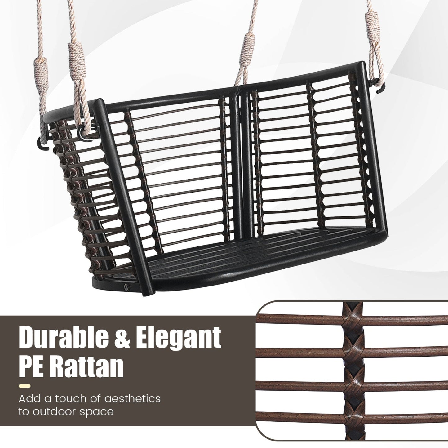 Hanging rattan porch swing chair with cushions, black frame and rope suspension by DirectDeals on Tampa Home & Garden Store