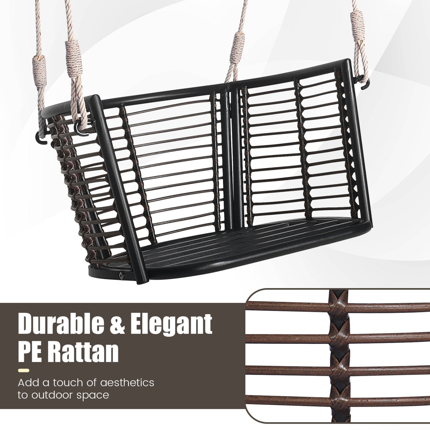 Hanging rattan porch swing chair with cushions, black frame and rope suspension by DirectDeals on Tampa Home & Garden Store