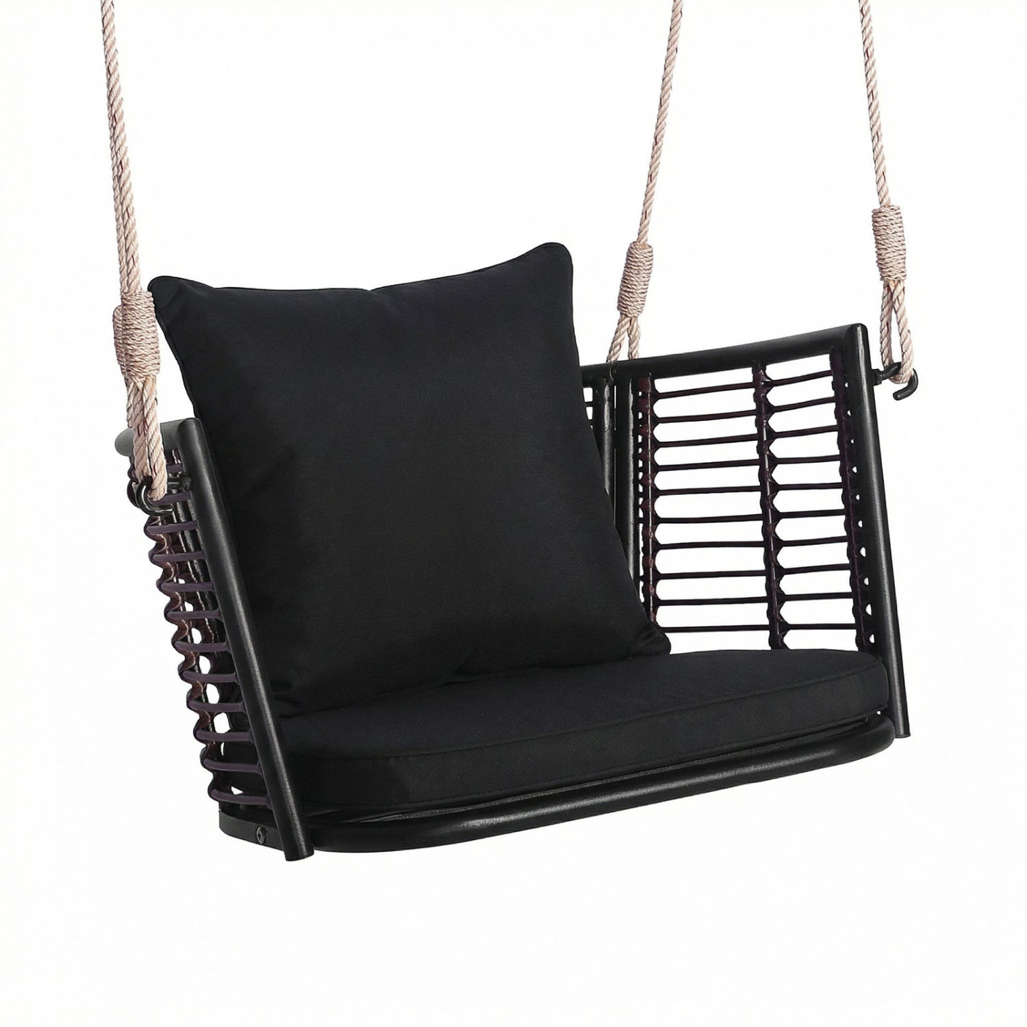 Hanging rattan porch swing chair with black cushions and natural rope suspension on Tampa Home & Garden Store