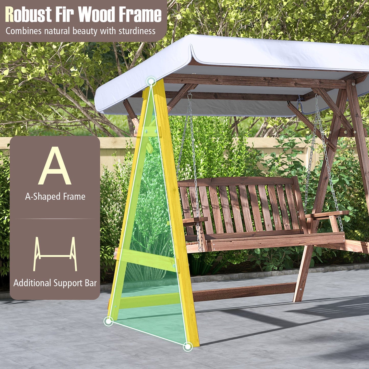 2-Person Porch Swing with Fir Wood Stand and Tilt Canopy-Brown