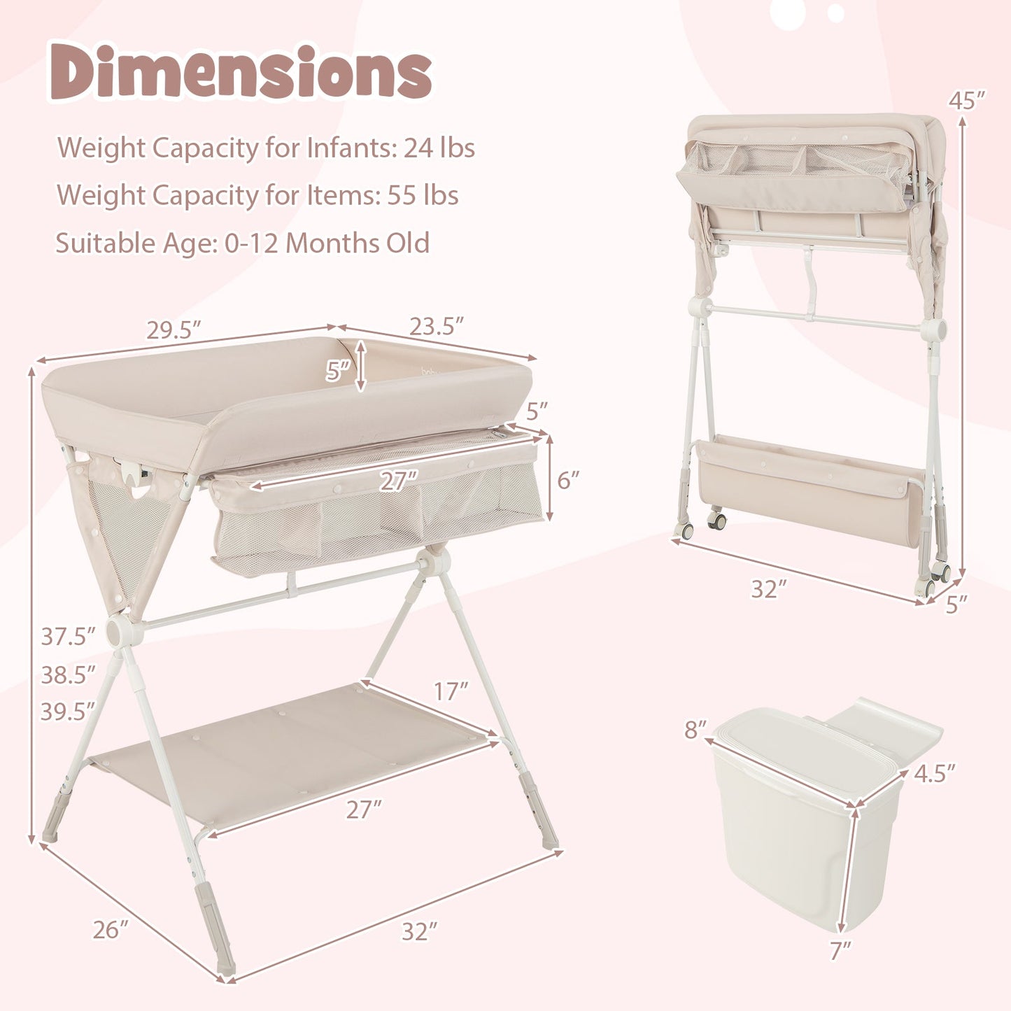 Portable Baby Changing Table with 3-Level Adjustable Height