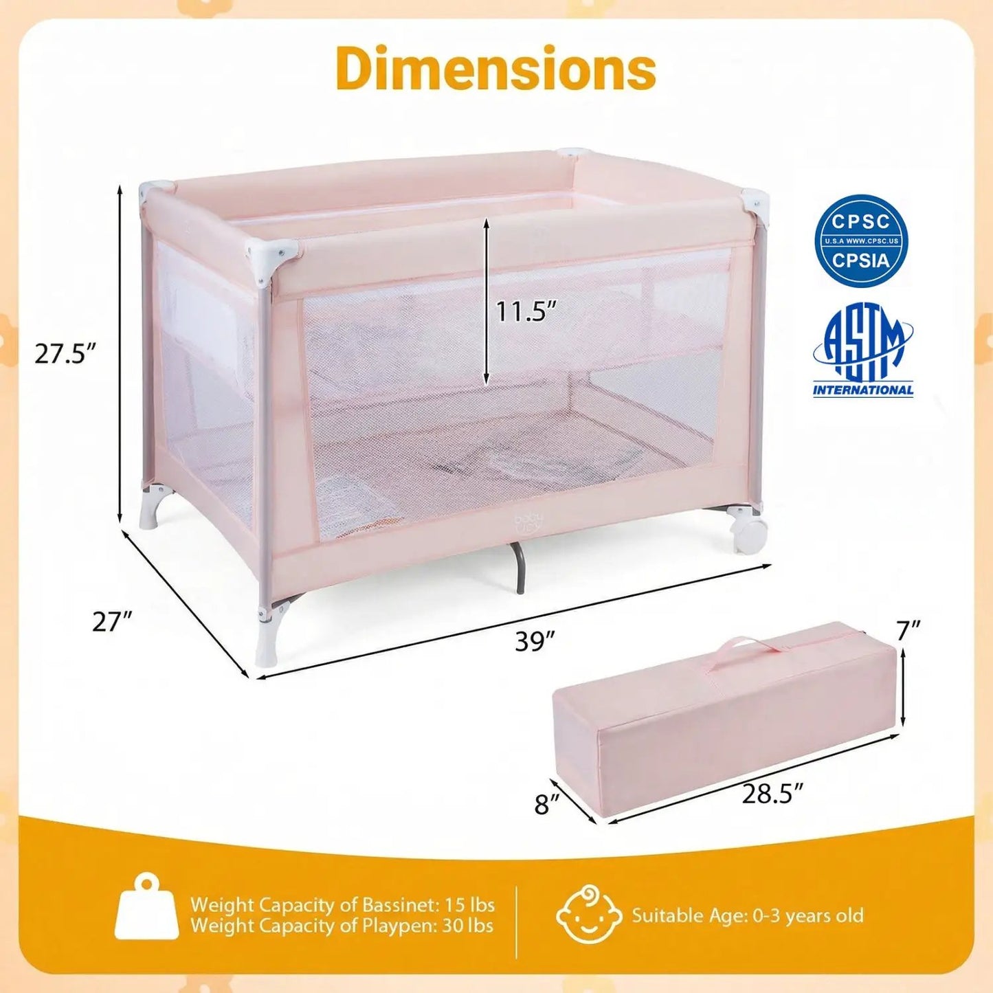 Portable Baby Playard Folding Travel Crib for Infants with Soft Mattress