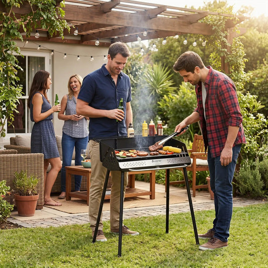 Portable charcoal grill with adjustable legs in black, cooking burgers and corn in a backyard on Tampa Home & Garden Store